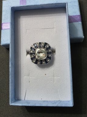 Estate Silver-Tone Clear/Navy Cushion Halo Fashion Ring - 485